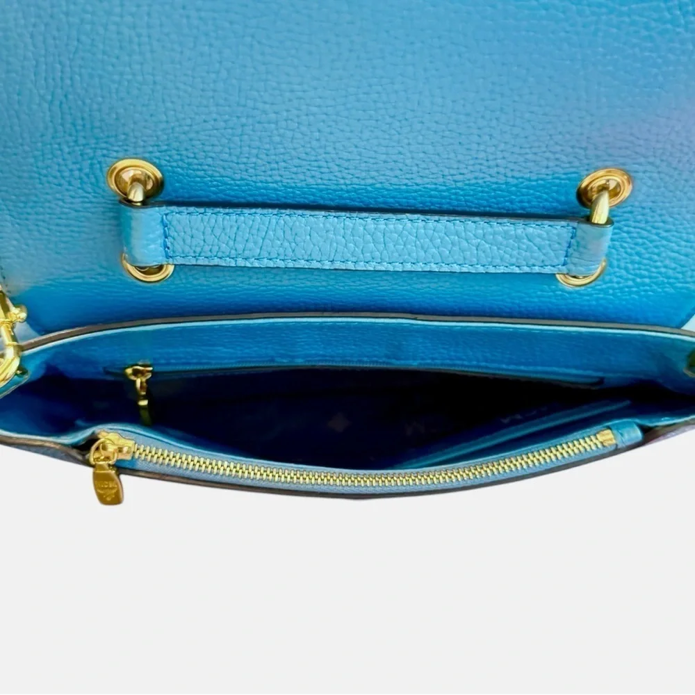 MCM Light Blue Leather First Lady Top Handle Satchel Crossbody Bag